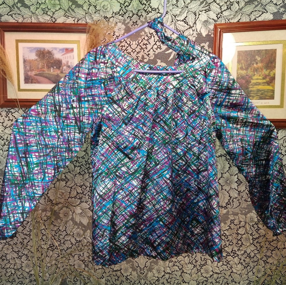 Parkside teal purple black design long sleeve tunic blouse with matching tie